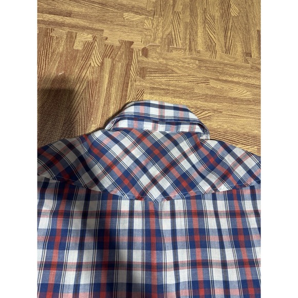 Mens Plaid Western Shirt Short Sleeve Pearl Snap Button Up Blue Red - Picture 11 of 11